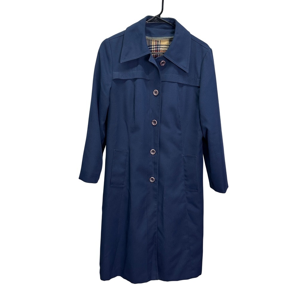 Vintage 70s ILGWU Navy Trench Car Coat Zip Out Plaid Liner Womens Size 12 USA